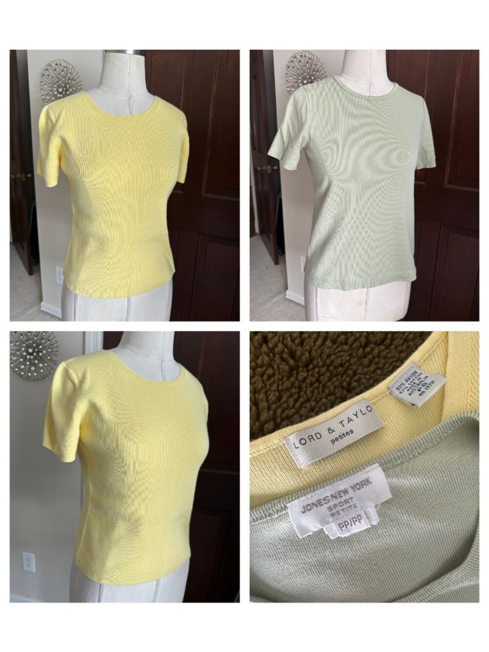 2 short sleeve knit tops Jones NY yellow and sage green PS